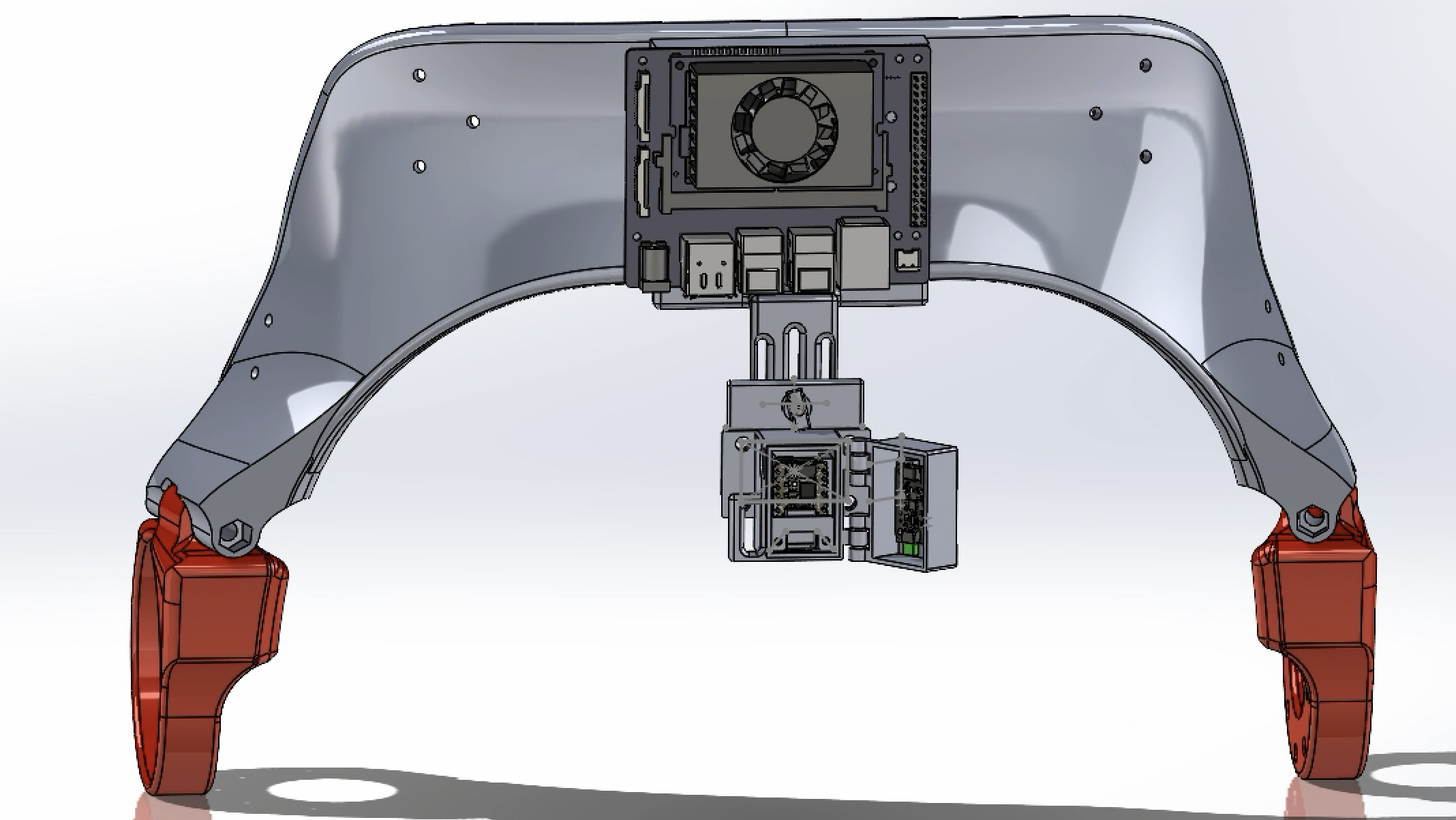 Zoomed-out CAD view of the adjustable pelvis IMU mount integrated with the full hip exoskeleton pelvis assembly