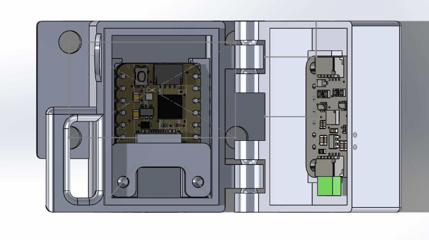 CAD of the compact QT Py and IMU electronics enclosure with the lid open