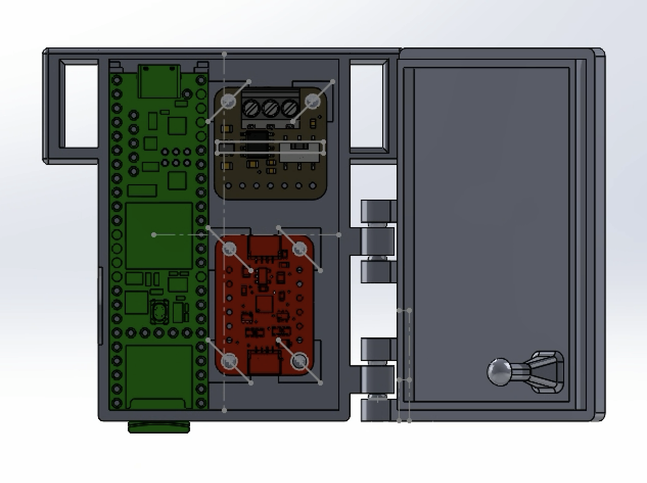 CAD of the Teensy, IMU, and CAN Pal enclosure with the lid open