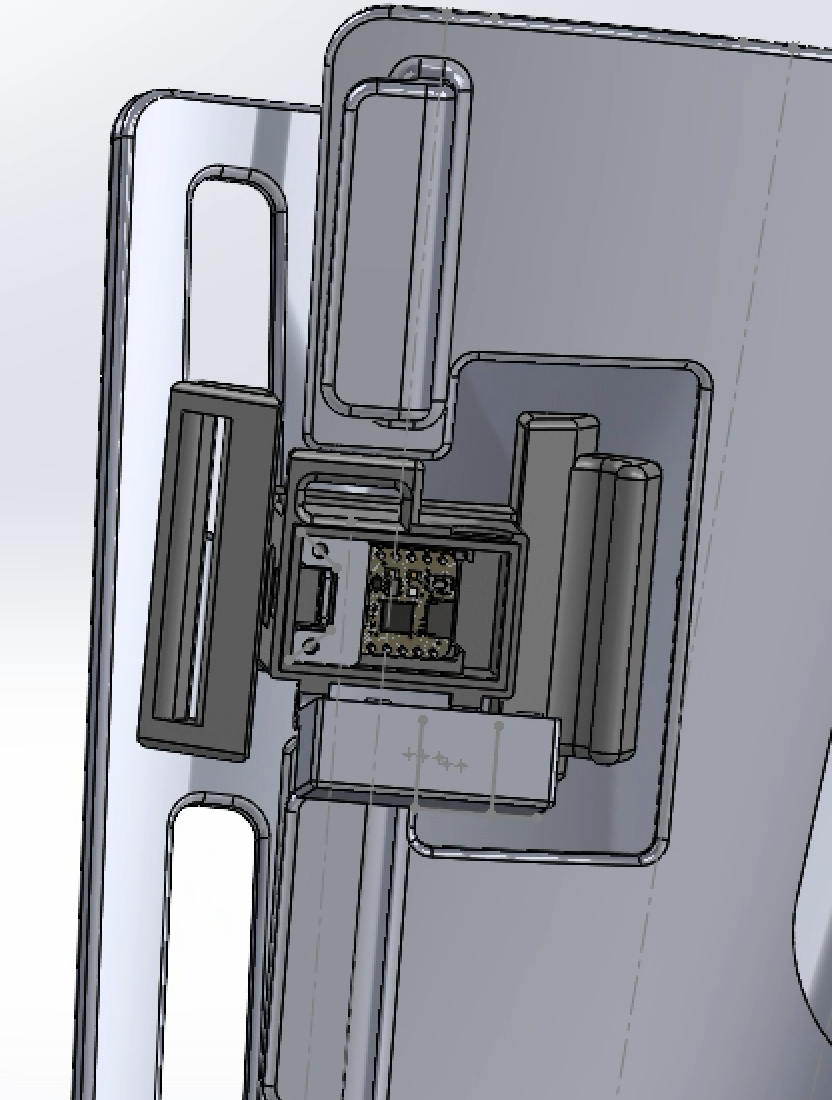CAD close-up of the movable thigh IMU strap attachment inside the cuff opening