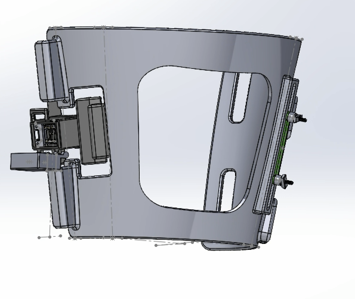 Zoomed-out CAD view of the complete thigh cuff and adjustable IMU mounting system