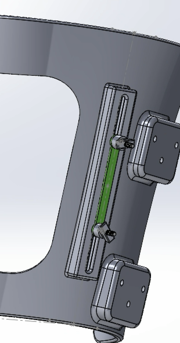 CAD close-up of the thigh strap retention hardware that bounds vertical motion