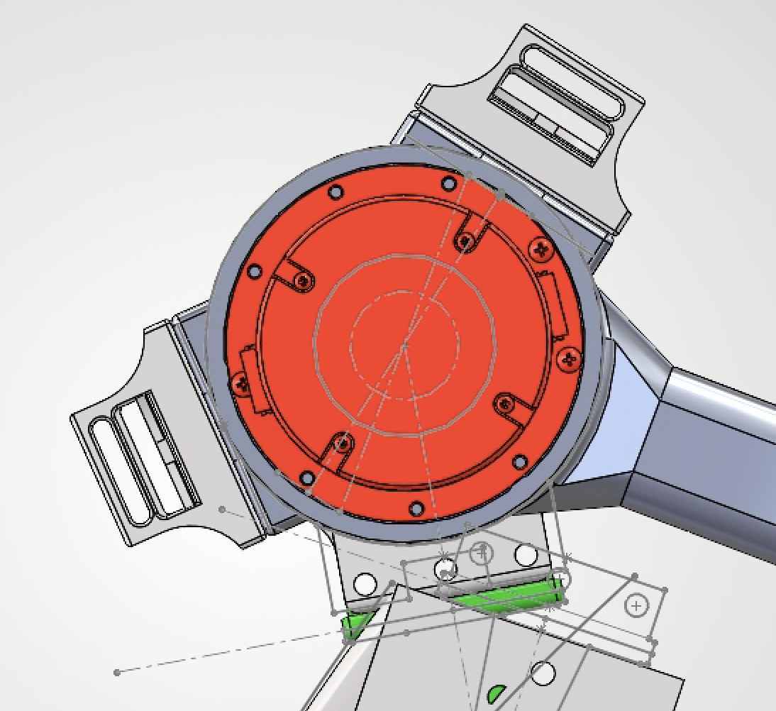 Close CAD view of the motor face and selected strap-support interface
