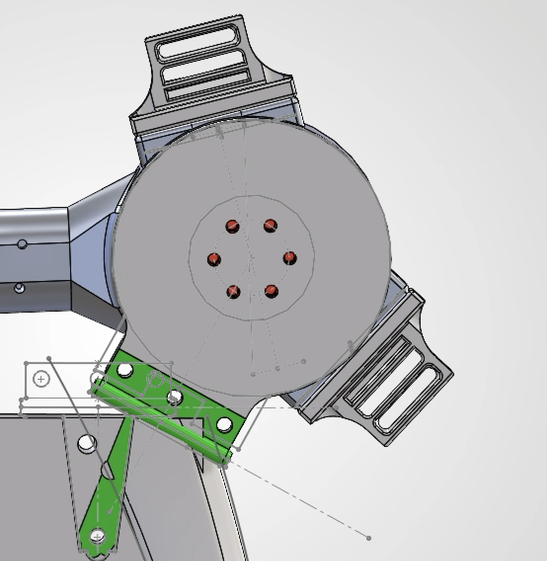 Close CAD view of the final strap attachment beneath the exoskeleton motor holder