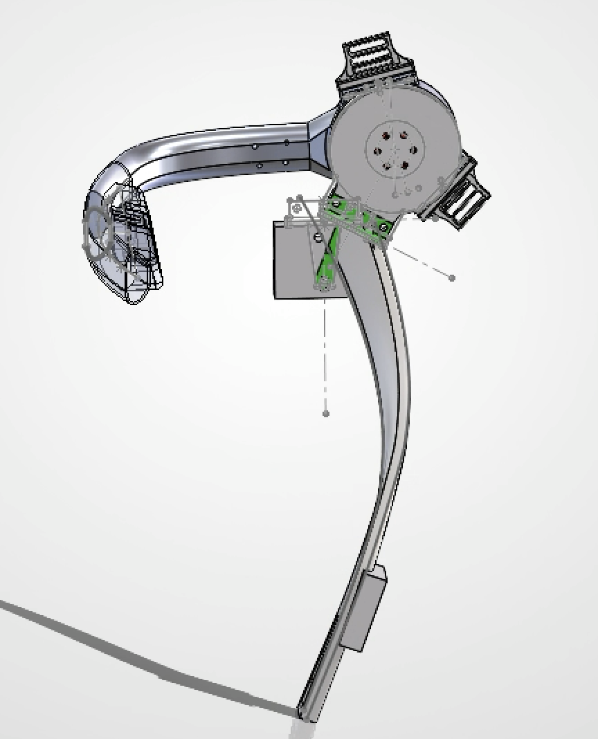 Side view of the final motor-stability strap support in the full hip exoskeleton